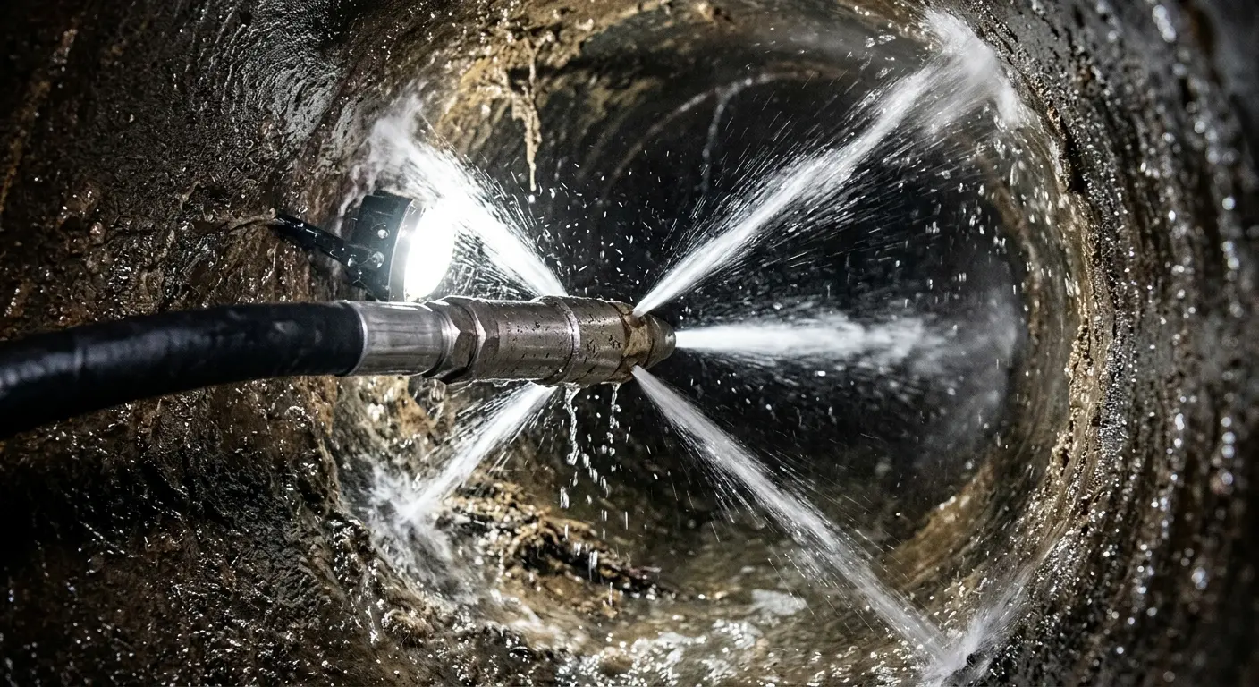 High-pressure hydro jetting nozzle cleaning sewer pipe for Emergency Drain Service in Medical Lake