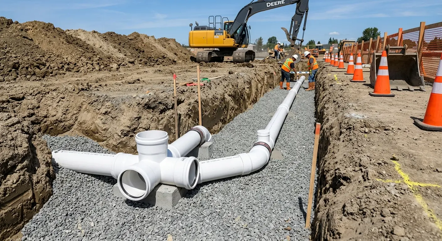 New PVC sewer pipe installation in open trench for Grease Trap Cleaning in Medical Lake