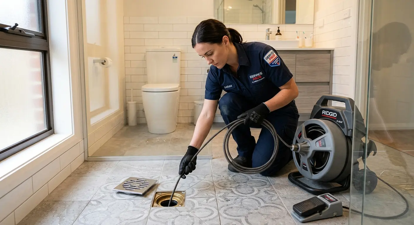 Technician clearing a bathroom floor drain for Drain Cleaning in Medical Lake